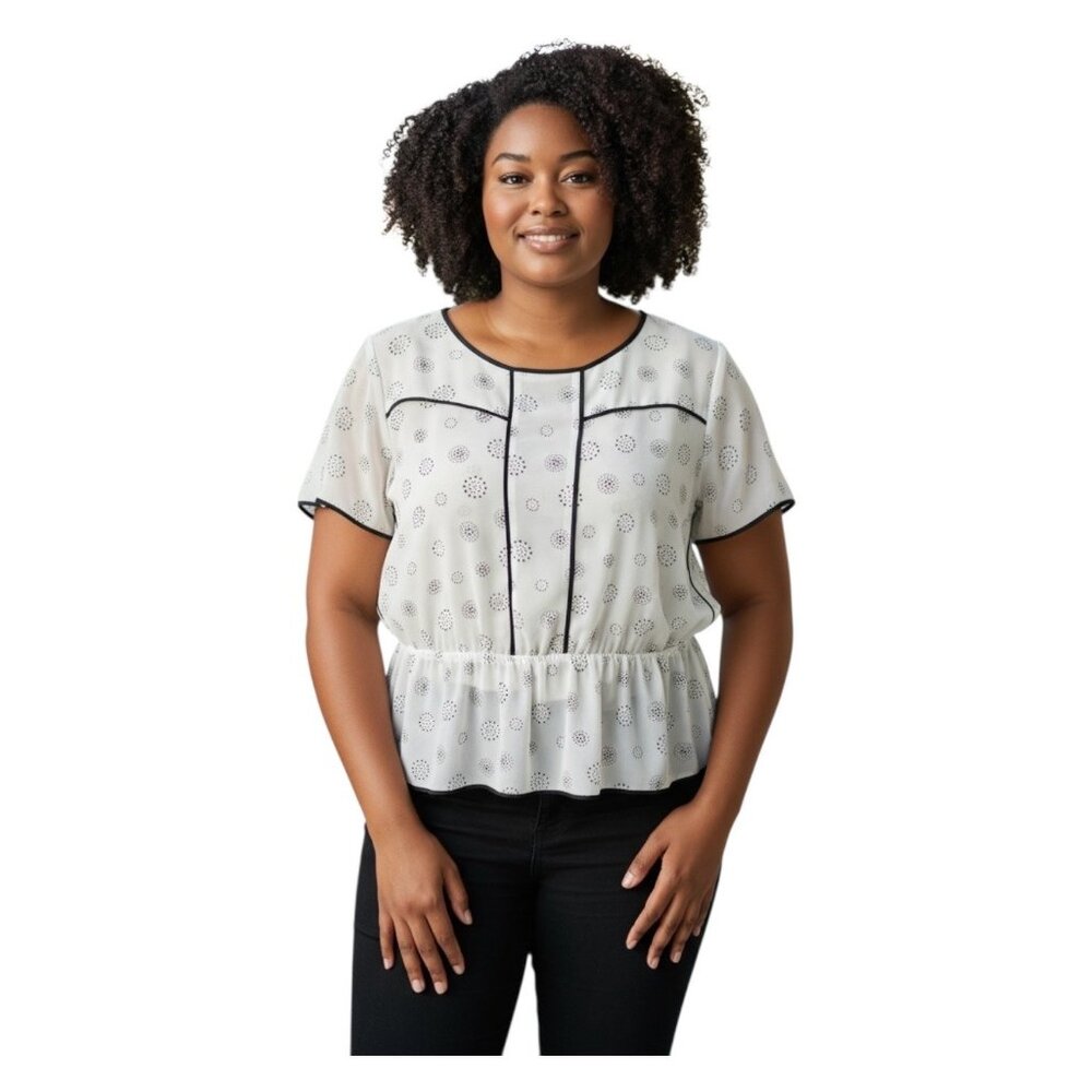 (F-181)Pleione Ivory Black Speckled Peplum Blouse Top Women’s Sz XL Short Sleeve - Picture 1 of 9